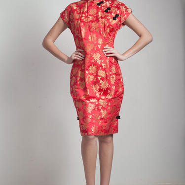 vintage 50s cocktail dress Chinoiserie Asian Oriental red gold metallic floral damask chrysanthemum knee length MEDIUM M 