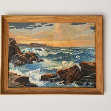 1970s Leo Davey Impressionist Style Sunset Seascape Painting, Framed. 