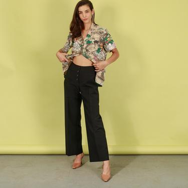 90s Black High Waisted Button Trousers Vintage Long Classic Minimal Pants 