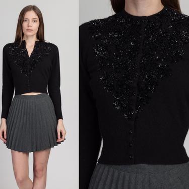 1950s Lyle &amp; Scott Black Beaded Lambswool Cardigan - Petite XS | Vintage Boho Cropped Button Up Lightweight Sequin Sweater 