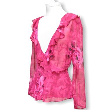 Vintage Pink Sheer Floral Print Silk Blouse 