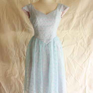 70s 80s Ice Blue Mesh Party Dress Full Skirt Size XS 