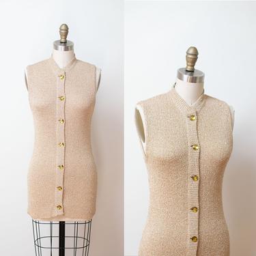 1970s Gold Lurex Sweater Vest / 70s Knit Top Beige Faceted Gemstone Buttons 