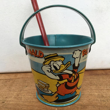 Vintage 1939 Ohio Art Co. Donald Duck Pail And Shovel, Small Child's Tin Litho Toy Pail, Disney Characters, Disneyanna 