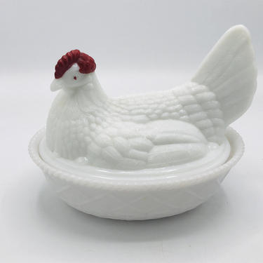 Vintage Westmoreland  Milk Glass Chicken Rooster Red Comb Nesting covered dish-7 1/2&quot; Long- Chip Free 