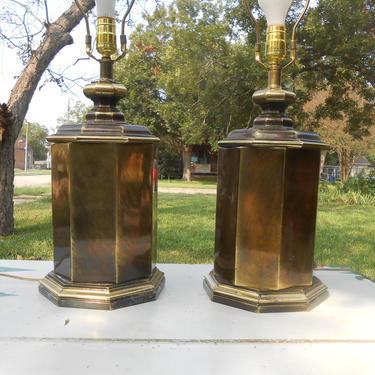 Vintage Pair of Brass 8 Sided Octagon Lamps Mid Century 1970s Lighting Set 2 Two Table Lamps Hollywood Regency Industrial Cottage 