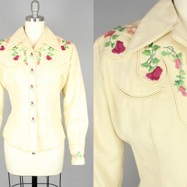 1940s 'Rex Bell' Embroidered Western Shirt · Vintage 40s Cream Blouse with Wild Rose Embroidery · medium 
