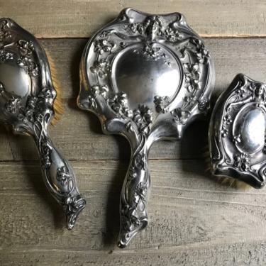 Reserved Antique Art Nouveau Brush Set. Beveled Mirror, Natural Bristle, Floral, Goddess 