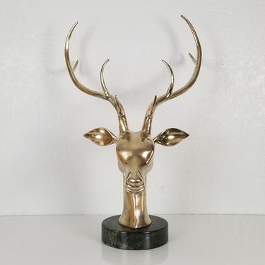 60's Vintage Tall Horn Brass Deer Sculpture On Green Marble  Base . 