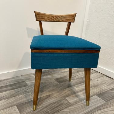 Vanity Chair Sewing Stool Seat Chair Mid Century Modern Wood Sewing Chair W Seat Storage Peg Leg Kenmore Restored Reupholstered 