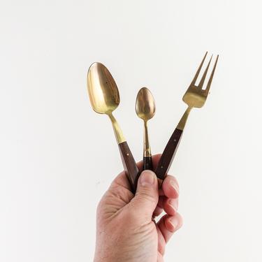 Vintage Brass Serving Utensils with Wood Handles, Set of 3, Hors d'oeuvres Fork and Spoons, Small Fork, Small Spoon, Mid Century Modern 