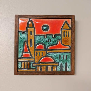 Abstract Mid Century Ein Reb Art Mosaic Ceramic handmade in Israel depicting Jerusalem Cityscape wall hanging Teak frame 