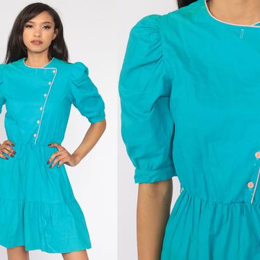 80s Mini Dress Turquoise Blue Puff Sleeve Dress Mini Dress Secretary Puffy High Waisted 1980s Retro Vintage Minidress Small 