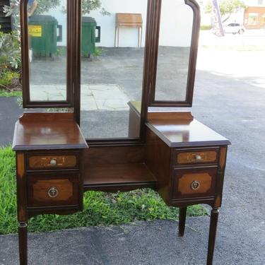 Art Deco 1900s Carved Inlay Makeup Vanity Dressing Table Tri Fold Mirror 2253