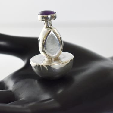 80's Taxco sterling amethyst top Modernist perfume bottle, striking TH-112 Mexico 925 silver purple cab geometric genie bottle 