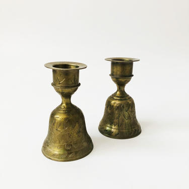 Pair of Vintage Etched Brass Bells of Sarna Candle Holders 