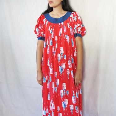 Vintage 50s Hawaiian Mumu Dress S - 1950s Red Novelty Print Tiki Torch Maxi Dress - Reef Hawaii- Hawaiian kaftan - Puff Sleeve - 