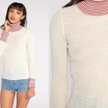 70s Sweater Retro Turtleneck Sweater Off-White Striped Boho Knit High Neck Red Sweater 1970s Vintage Funnel Neck Pullover Small xs s 