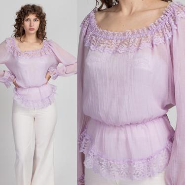 70s Boho Lilac Gauzy Blouse - Small to Large | Vintage Sheer Lace Trim Off-Shoulder Crop Top 