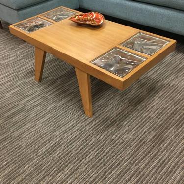 Vintage Mid Century Blond Wood Coffee Table with Glass Inlay