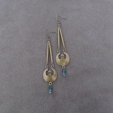 Long crystal and bronze earrings, mid century modern earrings, minimalist earrings, simple unique artisan earrings, teal blue gypsy earrings 