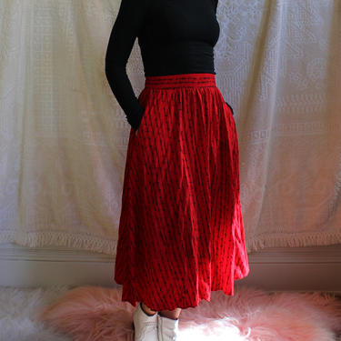 Vintage 80s Elastic Waist Red Patterned Full Skirt Women's Size XS 