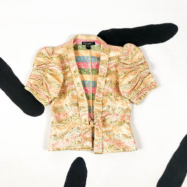 90s Betsey Johnson Champagne Rainbow Brocade Short Sleeve Jacket / Tie Front / Princess Sleeves / Ruching / Size 2 / Gold / Tapestry / Small 