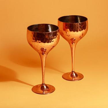 Set of 2 Vintage 80s Copper Stamped Long Stem Glasses 