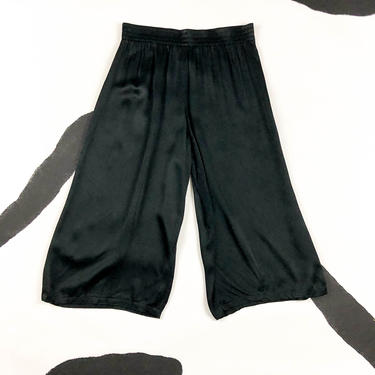 80s 90s Mondi Gala Black Silky Elastic Waist Cropped Pants / Wide Leg / High Waters / Culottes / Rayon / Shiny / Large / Medium / Comfy 