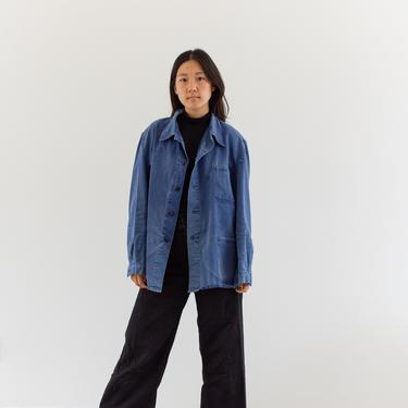 Vintage Blue Sun Fade Chore Jacket | Unisex Herringbone Twill Cotton Utility Work Coat | L | FJ036 