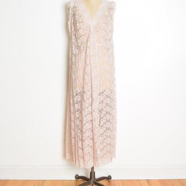 vintage 70s bed jacket sheer pink lace robe duster nightgown lingerie long XL clothing 