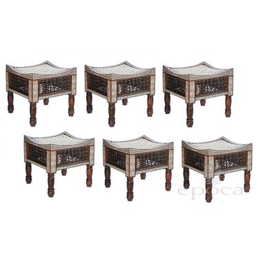 A Good Set of Six Syrian Thebes-style Inlaid Stools with Woven Double-cove Seats