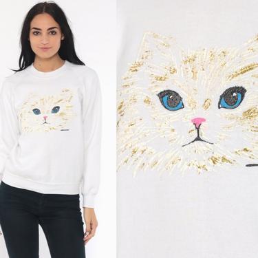Metallic Cat Sweatshirt Puff Paint Jerzees Crewneck 80s Animal Raglan Sleeve Kawaii Vintage Cat Face Slouchy Kawaii Graphic Extra Small xs 