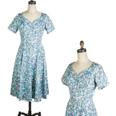 1950s Dress // Designer Sequin and Beaded Blue and Grey Floral Cotton Dress by Grace Miller Beverly Hills 