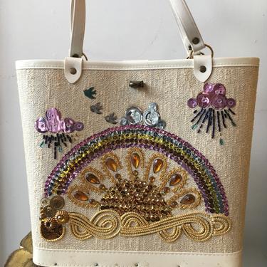 1960s beaded purse, enid collins style purse, rainbow purse, 60s novelty purse, rain clouds and sun, mrs maisel style, vintage handbag 