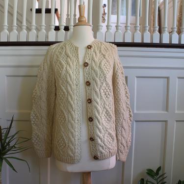 Vintage Cable Knit Off White Chunky Fisherman's Cardigan Sweater 