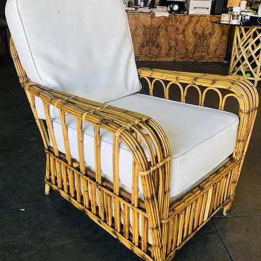 Restored Art Deco Stick Rattan Cathedral Arm Lounge Chair 