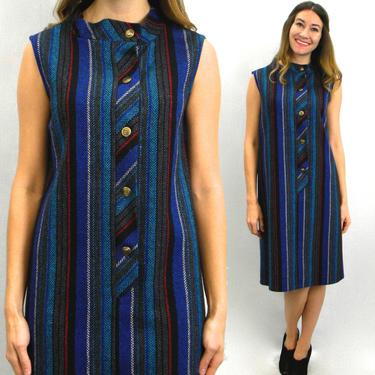 60s Blue Stripe Dress | Sleeveless Acrylic Jumper | Medium 