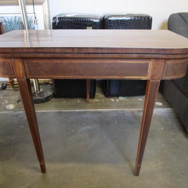 ANTIQUE FLIP TOP CONSOLE IN MAHOGANY WITH INLAY DETAILS  AS IS