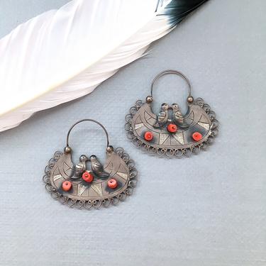 SWEET TWEET Silver &amp; Coral Earrings | Federico Jimenez Large Statement Hoops w/ Love Birds | Frida Kahlo Folk Style, Oaxacan Mexico Jewelry 