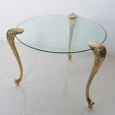 Regency Moderne Round Glass Dining Table Sculptural Cabriole Legs in Brass 