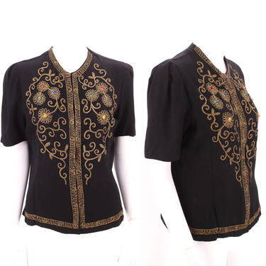 40s soutache trim black blouse m-l  / vintage 1940s evening dress top 30s 