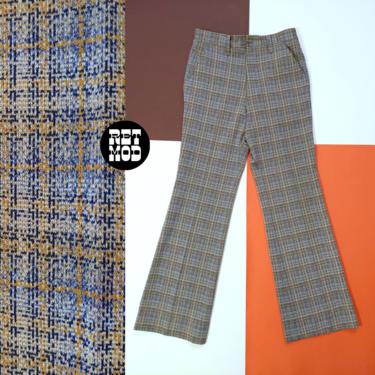 Retro Vintage 70s Gray Blue Khaki Plaid Pants 