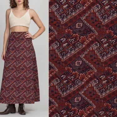 70s Patchwork Floral Maxi Skirt - Medium, 28&amp;quot; | Vintage Boho Brown Blue A Line Long Skirt 