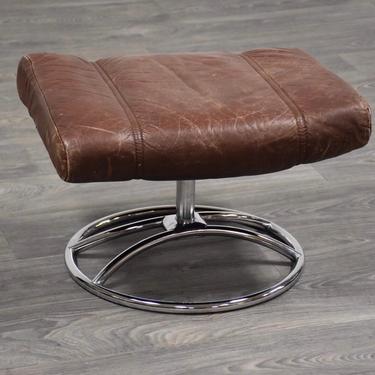 Ekornes Brown Leather and Chrome Ottoman 
