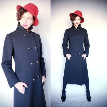 1960s Givenchy Coat in Black Wool / 60s Designer Double Breasted Long Coat Military Style /medium 