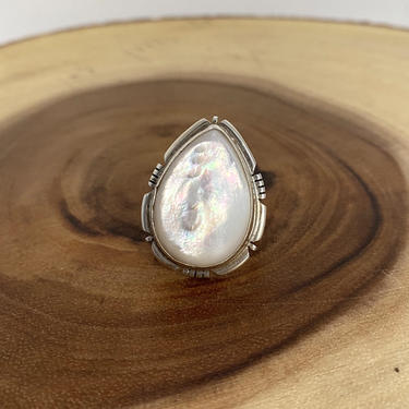 PEARLY DEW DROP Large Teardrop Mother of Pearl &amp; Silver Ring | Native American Navajo Southwestern Boho Statement Jewelry, Size 9 