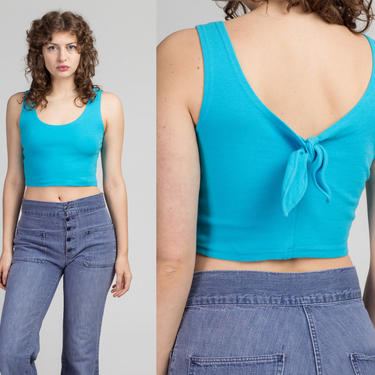 80s 90s Blue Crop Top Tank - Small to Medium | Vintage Plain Cropped Scoop Neck Shirt 