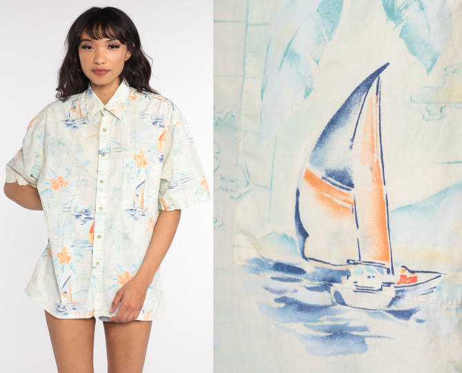 80s Sailboat Shirt Hawaiian Shirt Tropical Shirt SURFER Button Up Shirt Print Top Beach Sea Yellow Blue Extra Large xl