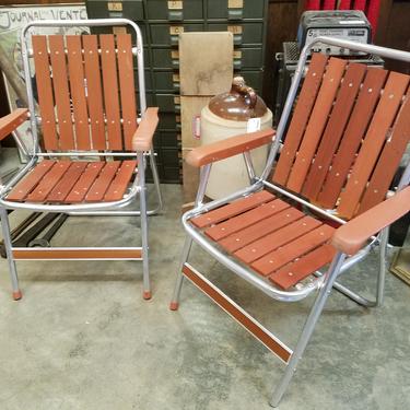 Vintage mid century folding aluminum and redwood chair set